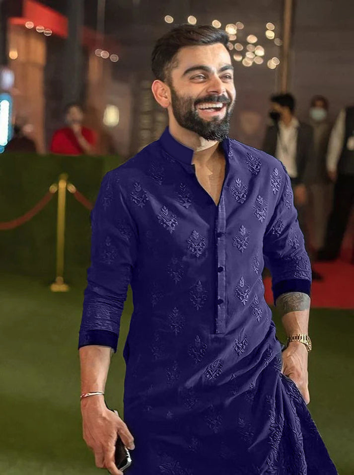 Virat Kohli s Signature Style Embroidered Blue Wedding Kurta
