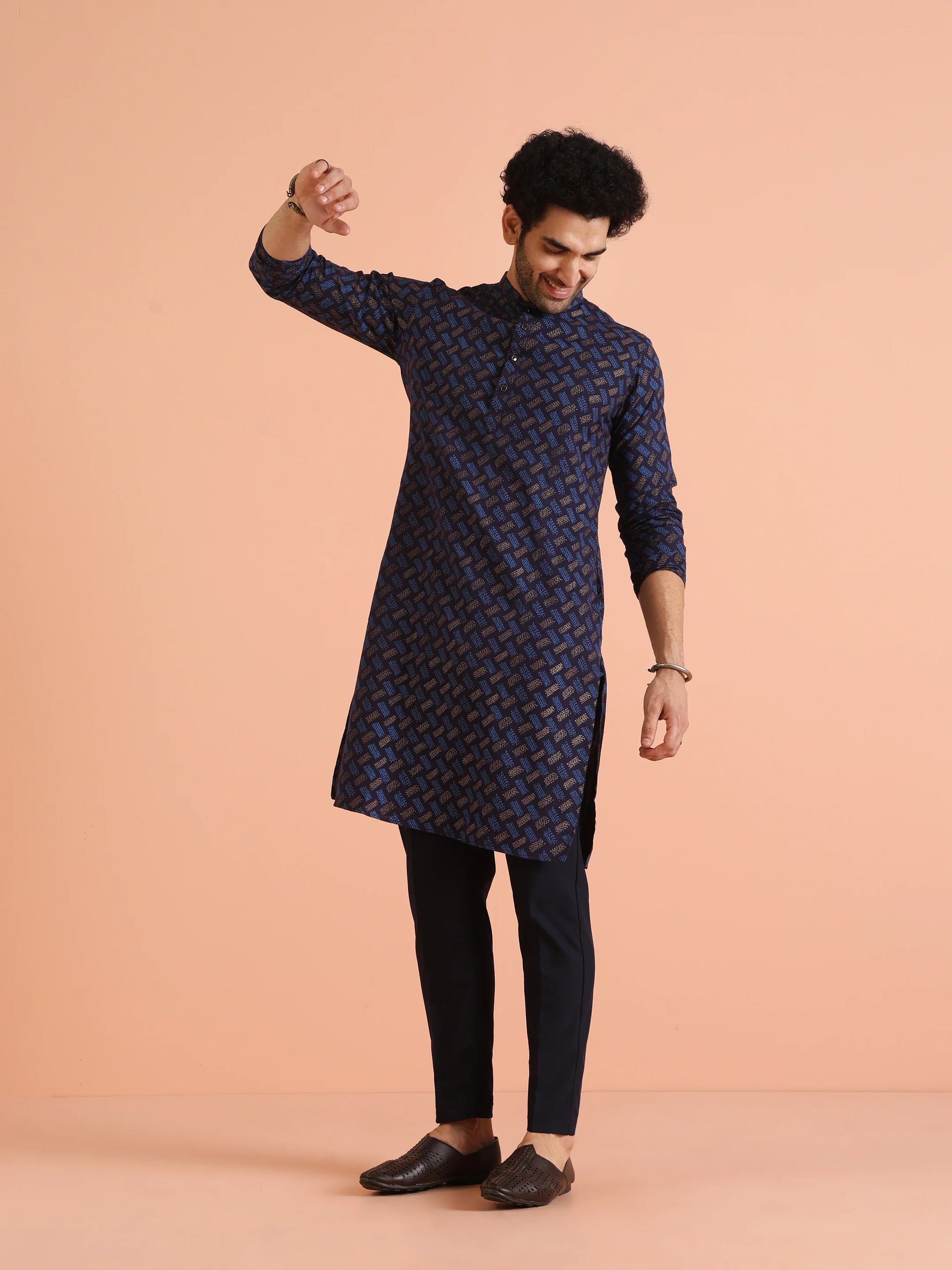 Men's Navy Blue Embroidered Kurta Only