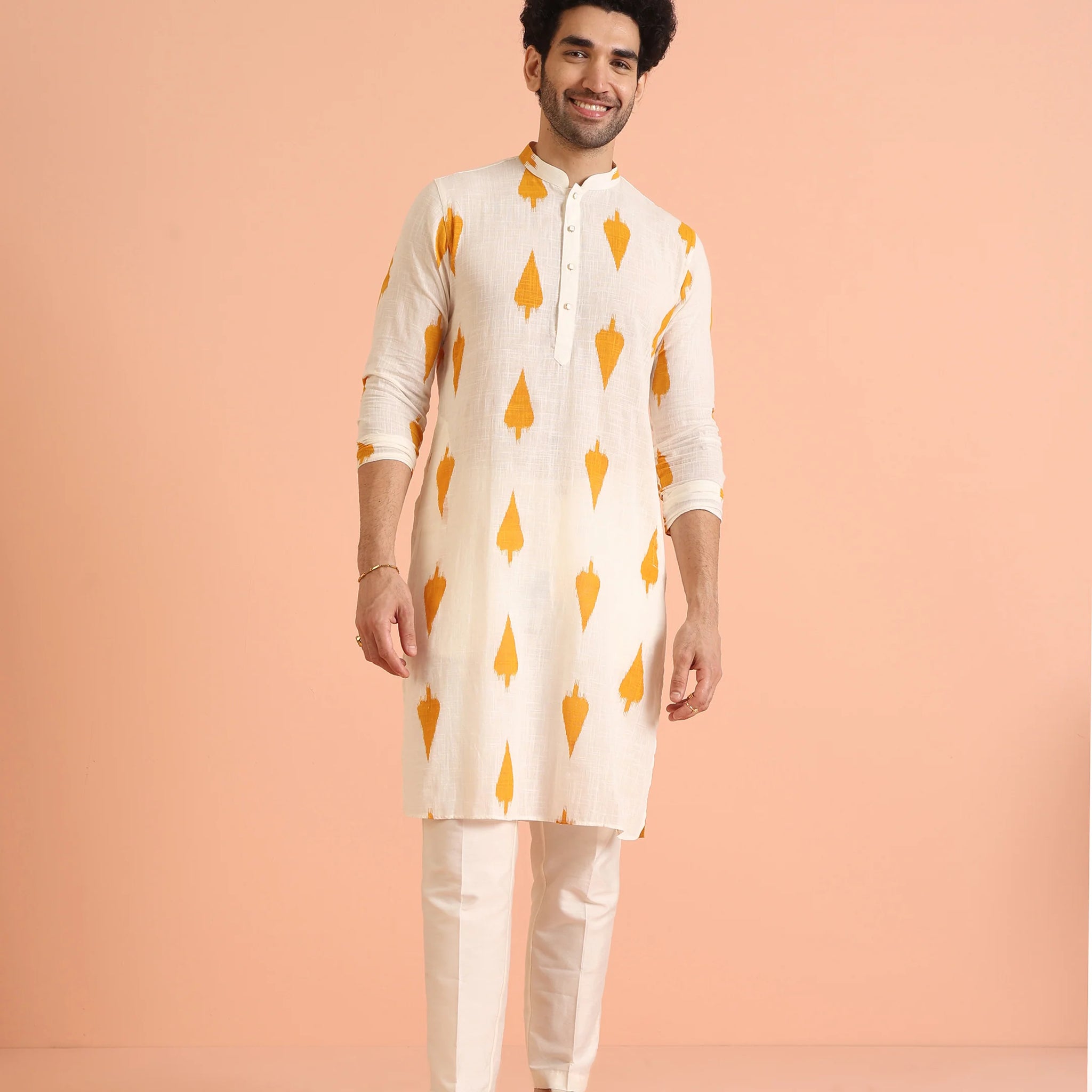 Men Yellow White Printed Haldi Kurta