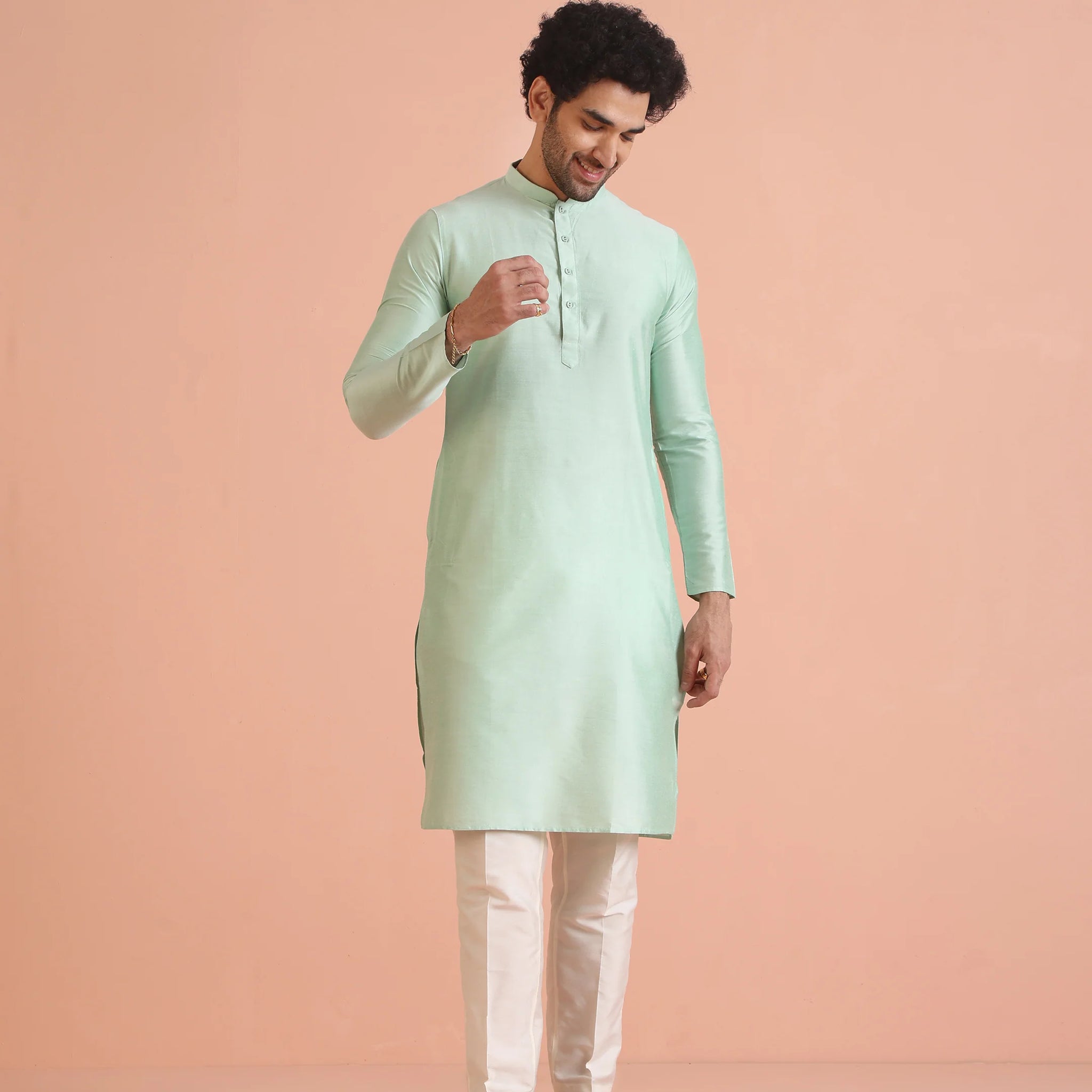 Men Green Plain Kurta