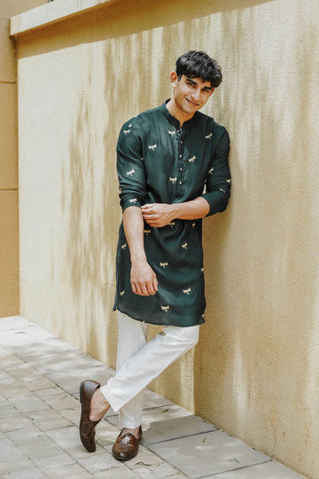 Dragonfly green Embroidery Worked  Wedding Kurta